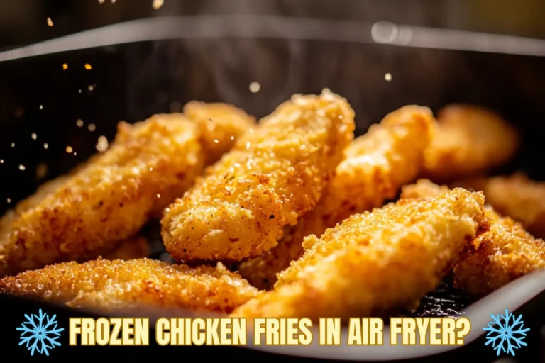 Air-fried frozen chicken fries served golden brown on a plate with dipping sauce.