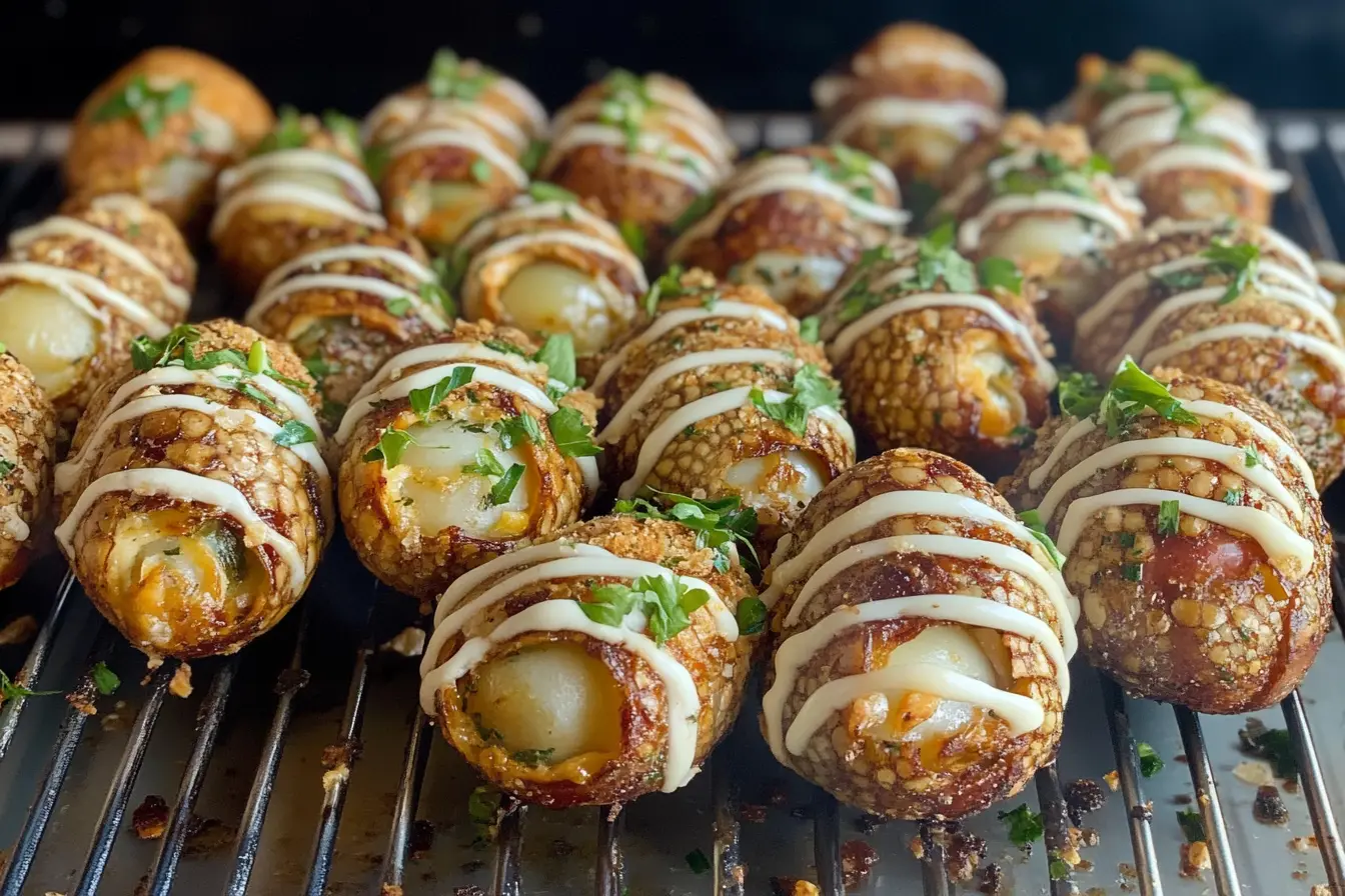 Close-up of armadillo eggs, bacon-wrapped jalapeños stuffed with cheese, served with a dipping sauce.