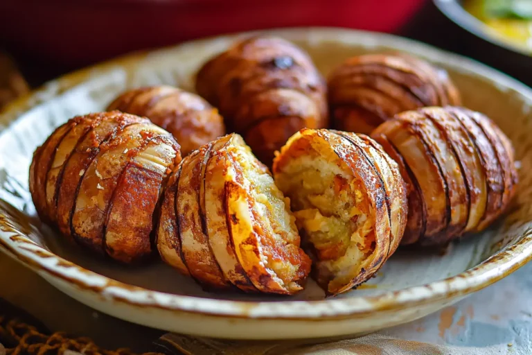 Close-up of armadillo eggs, stuffed jalapeño peppers wrapped in bacon, served as a Tex-Mex appetizer.