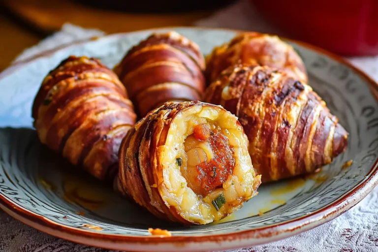 Perfectly cooked Armadillo Eggs stuffed with cream cheese and wrapped in bacon.