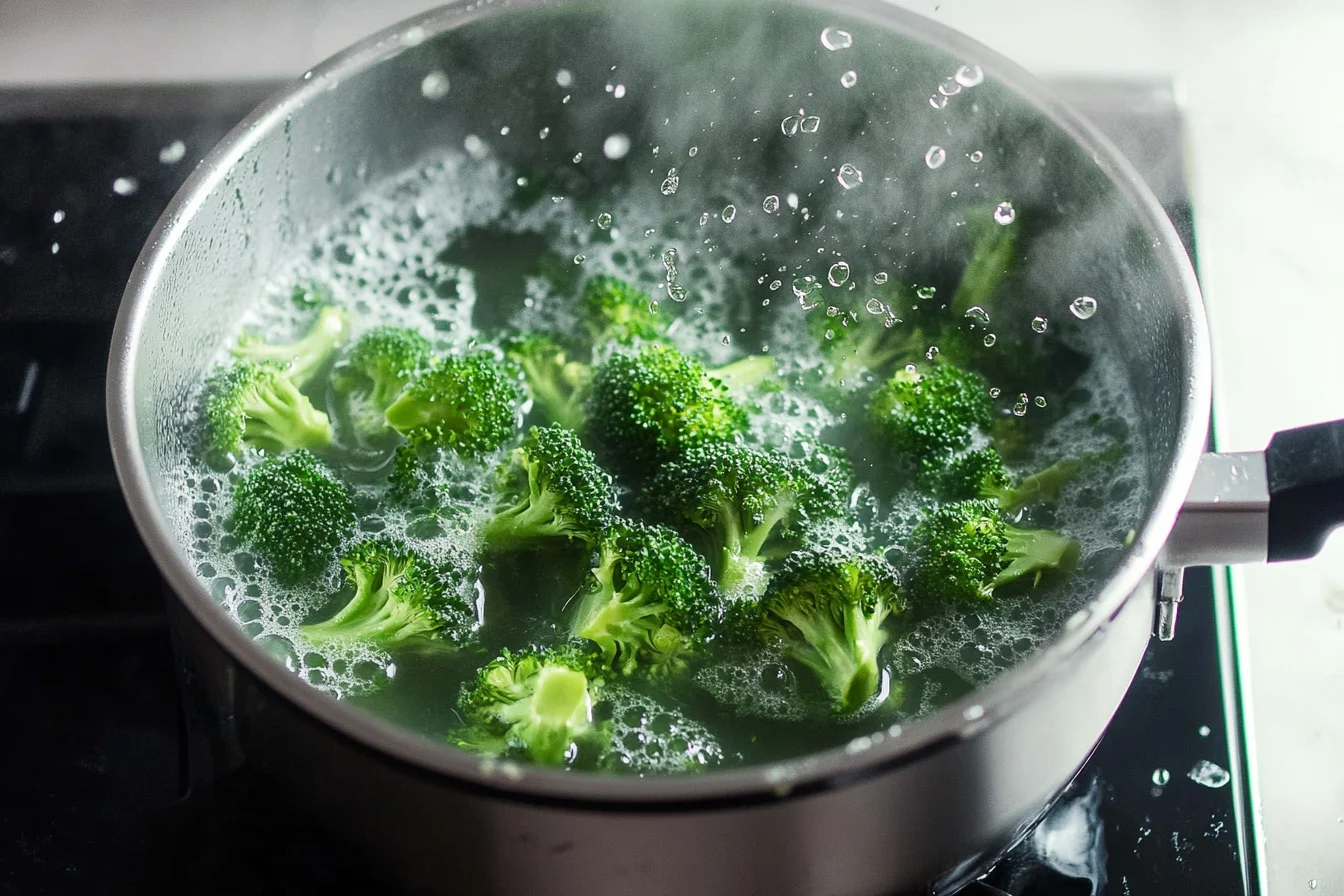 Blanching broccoli for salads: vibrant green broccoli florets cooling in an ice bath.