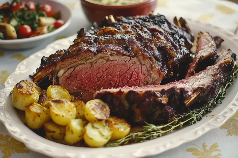 Boneless rib roast vs. prime rib served on a platter with garnishes.