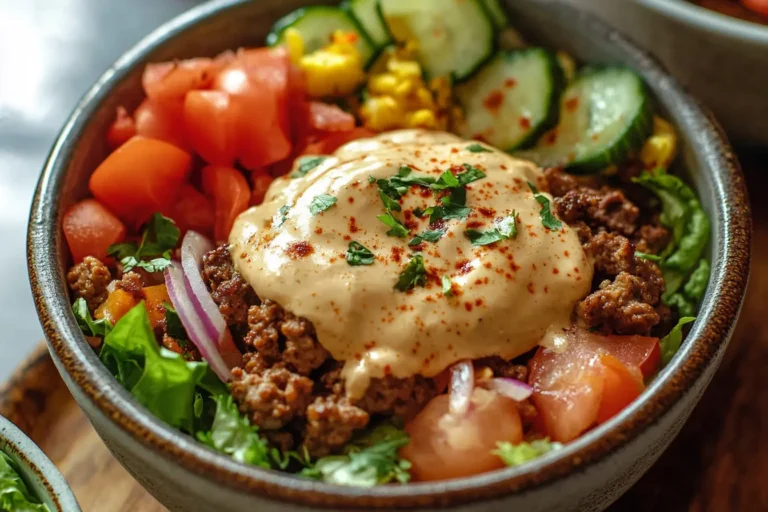 A vibrant burger bowl recipe featuring juicy beef patty slices, fresh greens, cherry tomatoes, avocado, and a creamy dressing drizzle.