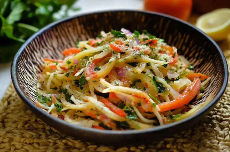 A vibrant bowl of cebolla ensalada with thinly sliced onions, fresh herbs, and a zesty dressing.