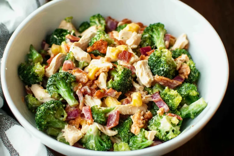 A vibrant bowl of Chicken Salad Chick Broccoli Salad featuring fresh broccoli, crispy bacon, shredded cheese, and creamy dressing.