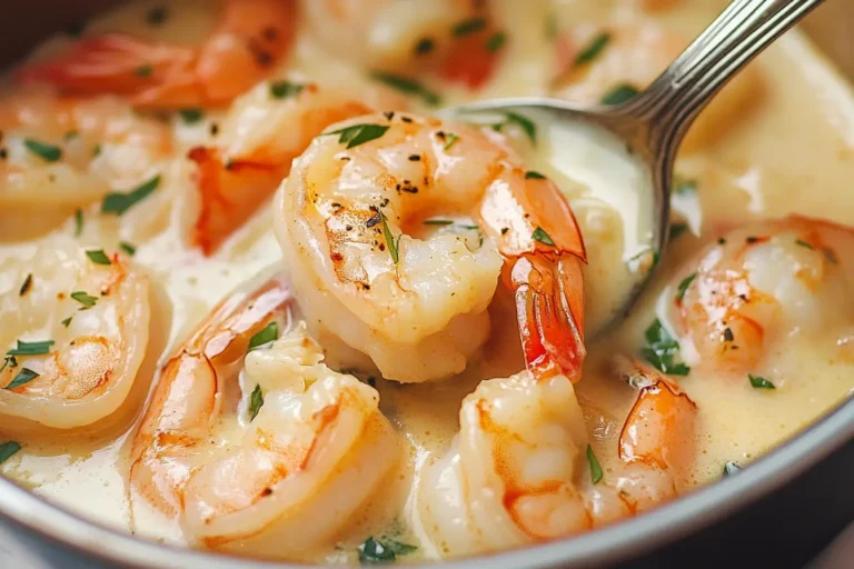 Creamy coconut shrimp recipe with juicy shrimp in a rich coconut milk sauce, garnished with fresh herbs, served in a white bowl.