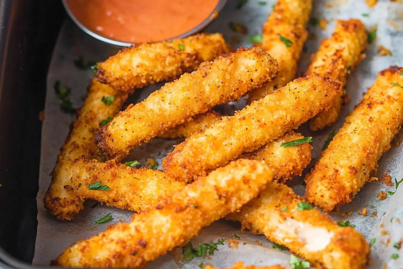 Golden chicken fries in air fryer served with dipping sauces on a plate.