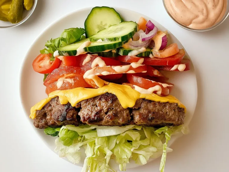 A deconstructed burger with artisan ingredients arranged on a plate, featuring separate patty, bun, toppings, and sauces.