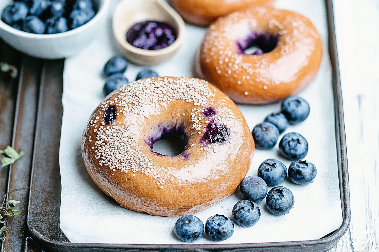 A blueberry bagel topped with cream cheese and fresh berries, highlighting sweet and savory pairing ideas for blueberry bagels.