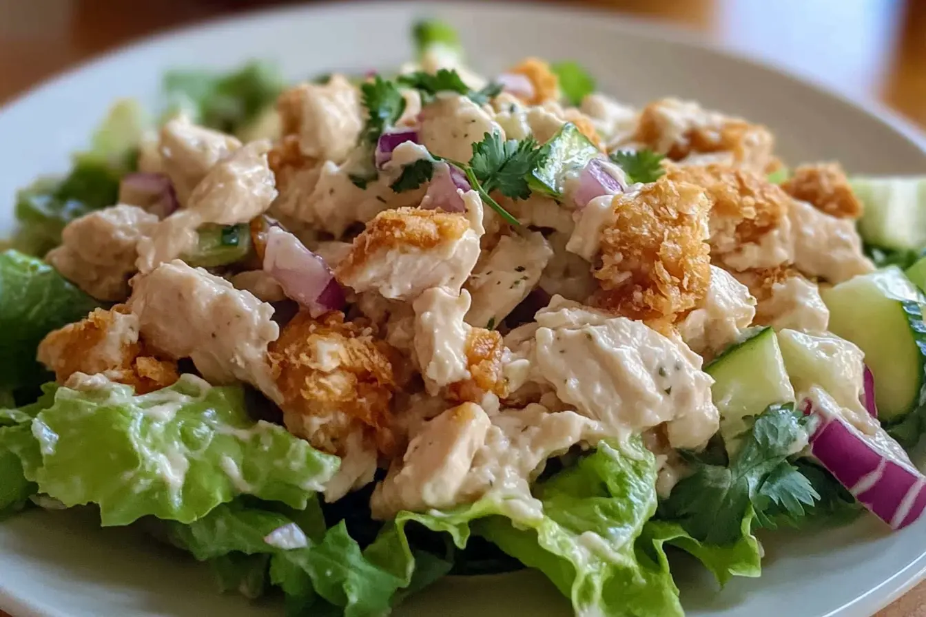 A fresh bowl of Chicken Salad Chick recipes with creamy dressing and garnished with herbs.