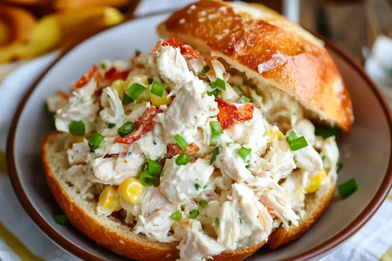 A bowl of Sassy Scotty Chicken Salad with shredded chicken, cheddar, bacon, and ranch dressing, served with crackers and fresh greens.