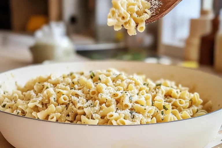 A bowl of ditalini pasta with fresh herbs and tomato sauce.