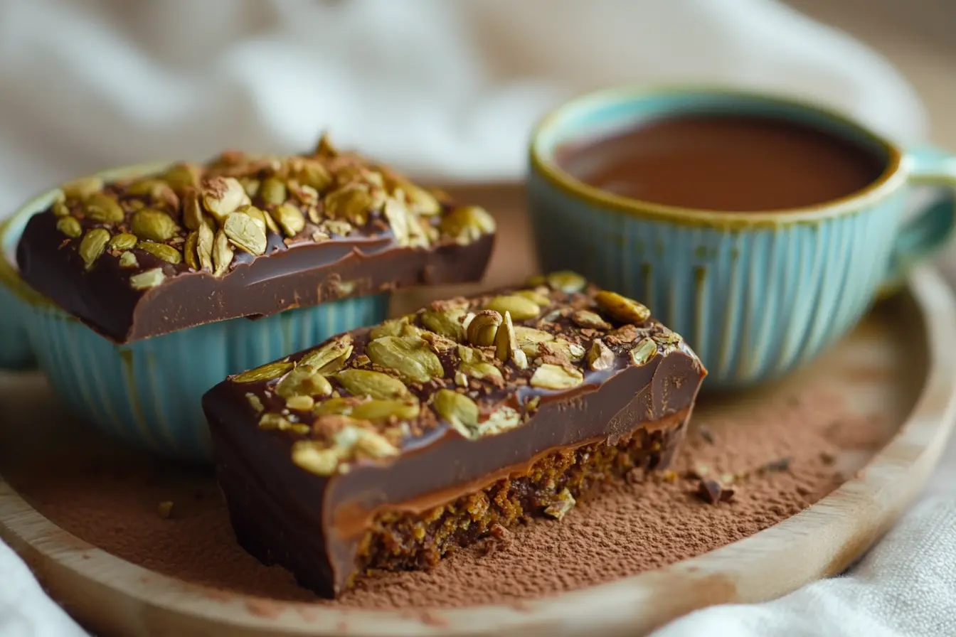 Dubai chocolate recipe with saffron, cardamom, pistachios, and rose petals on a gold plate.