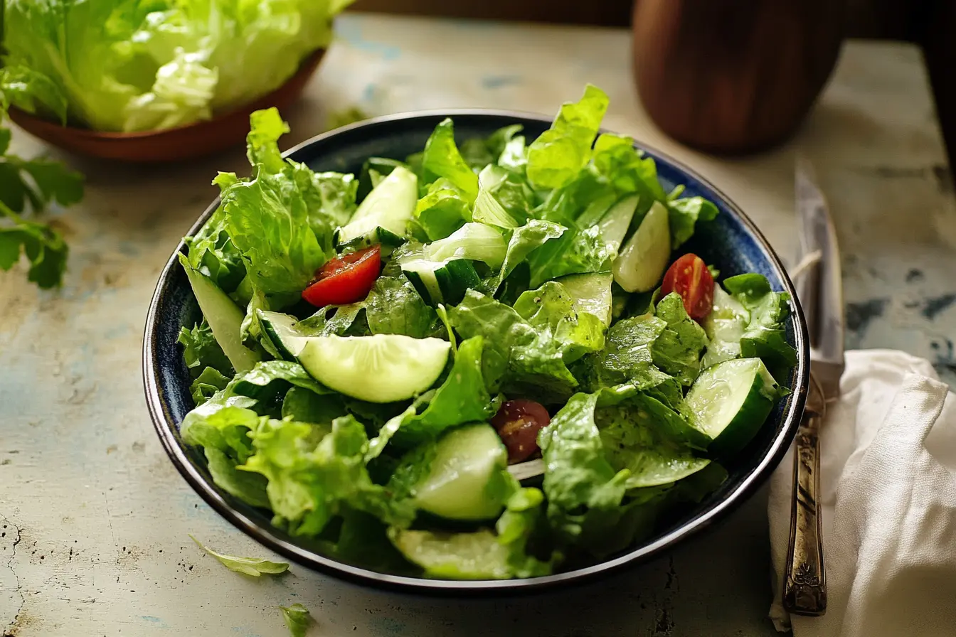 A bowl of Ensalada Verde featuring fresh lettuce, tomatoes, cucumbers, and a tangy dressing.