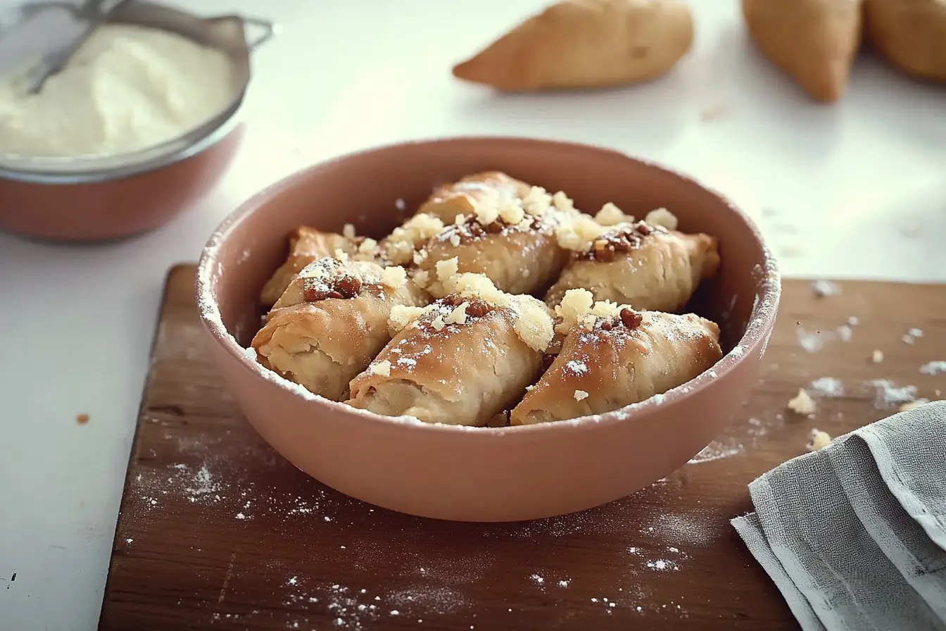 A freshly baked Nussgipfel, the Swiss pastry with a flaky crust and sweet nut filling, served on a plate with a coffee cup.