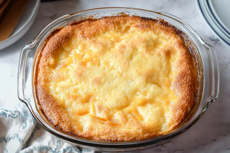 Golden peach cobbler made with cake mix, served in a baking dish with a crispy crust and juicy peach filling.