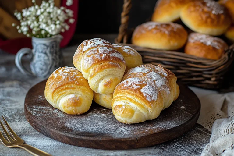 Golden, flaky Swiss Gipfeli pastries arranged on a platter, showcasing a classic Gipfeli recipe.