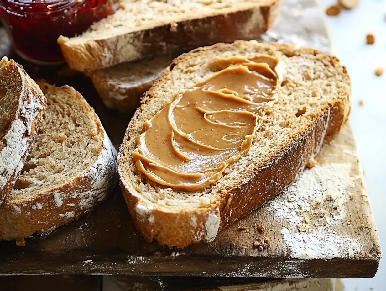 A slice of whole grain bread topped with creamy peanut butter and banana slices, showcasing a healthy and balanced breakfast option.