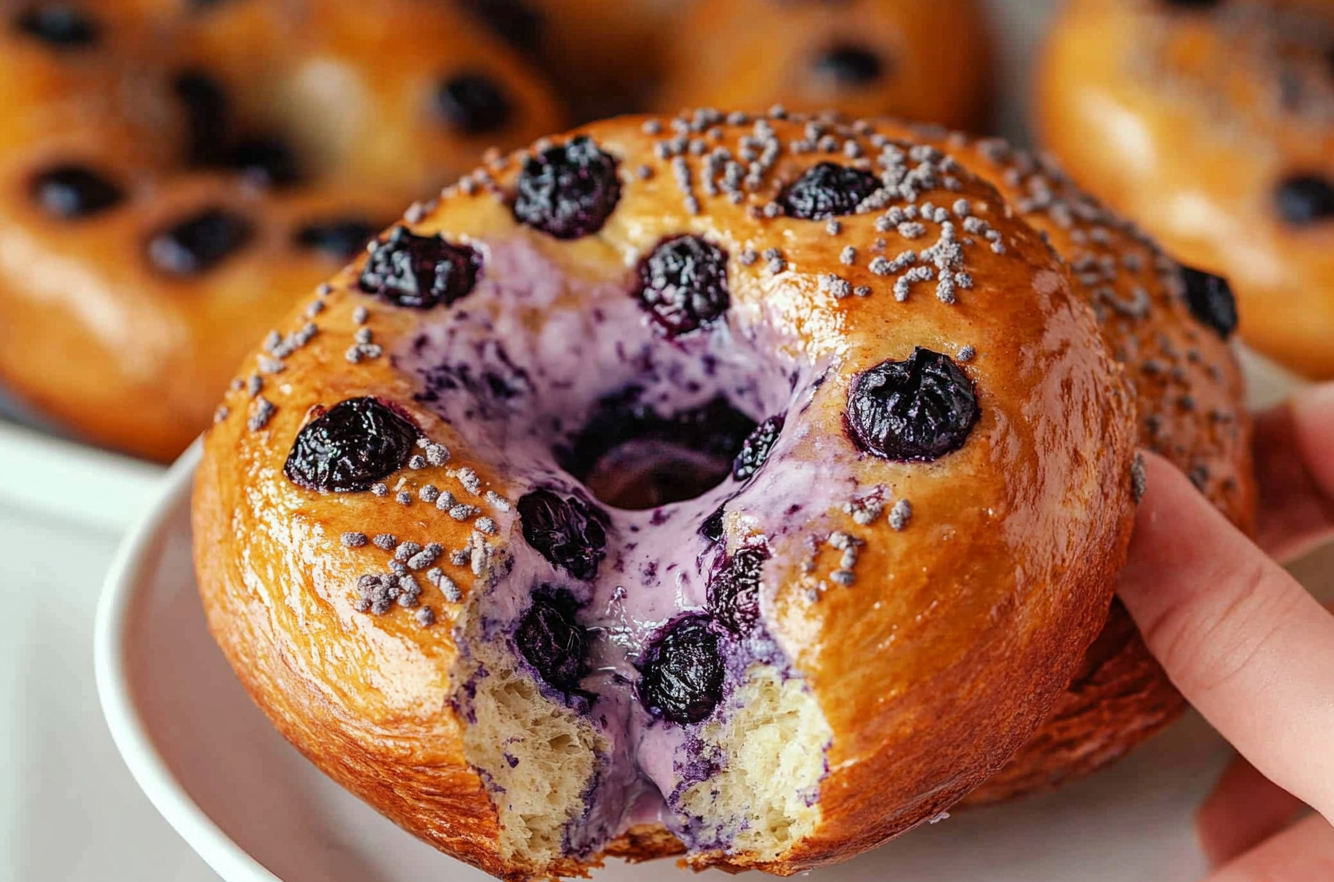 Close-up of homemade blueberry bagels with vibrant blueberries and a golden crust.