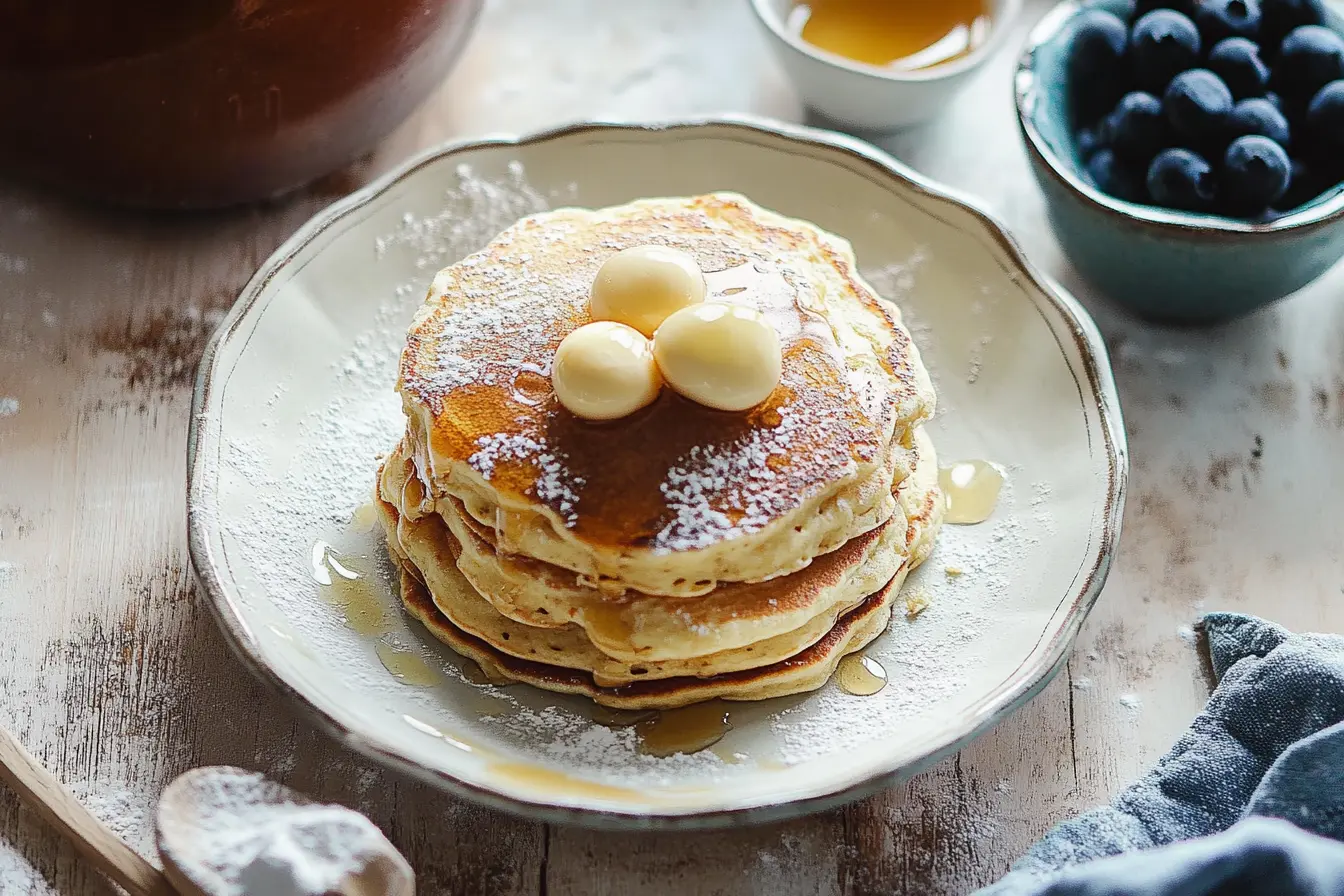 Homemade hotcake mix recipe in a mason jar with fresh pancakes.