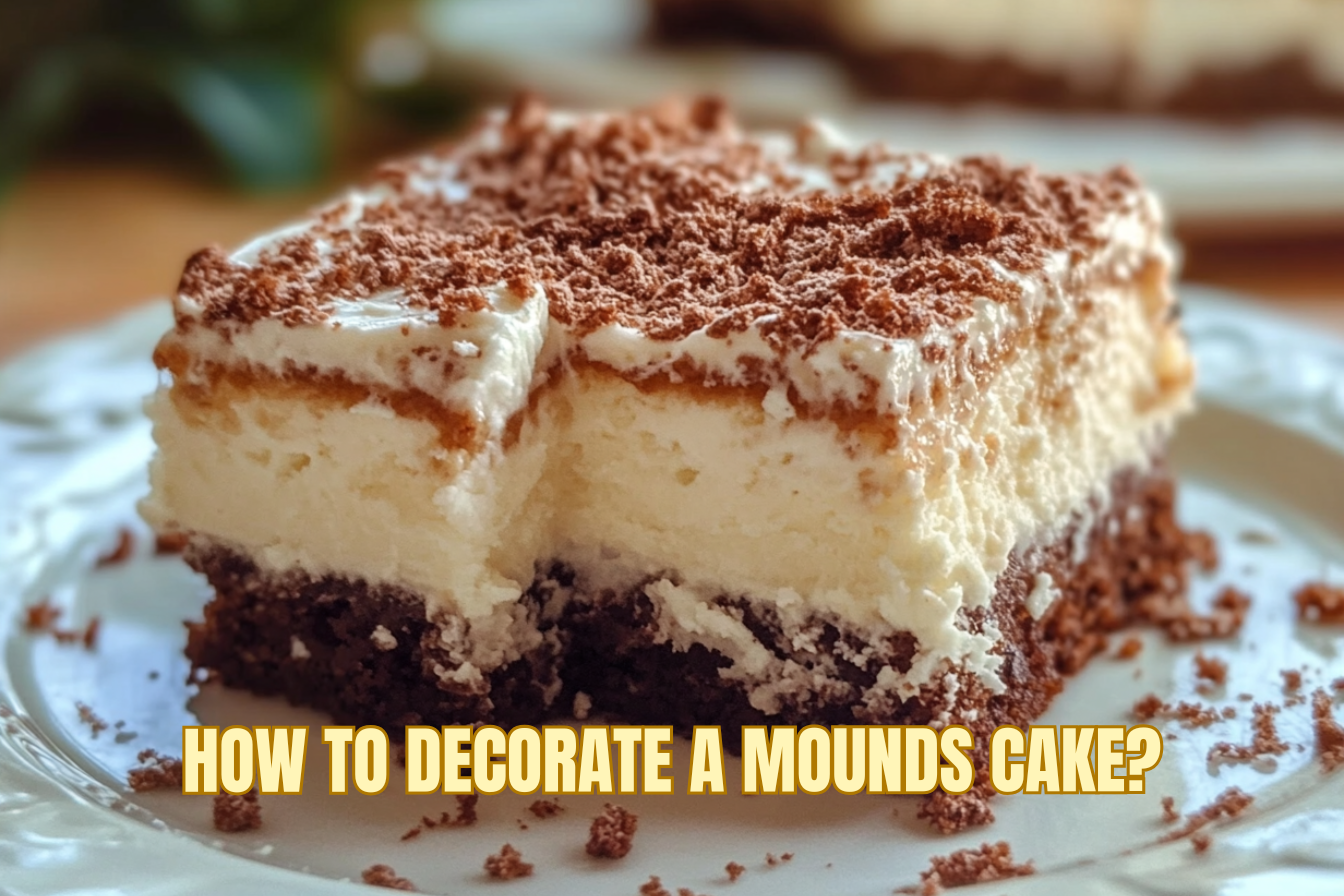 A beautifully decorated Mounds cake featuring coconut flakes, chocolate ganache, and Mounds candy bar accents.