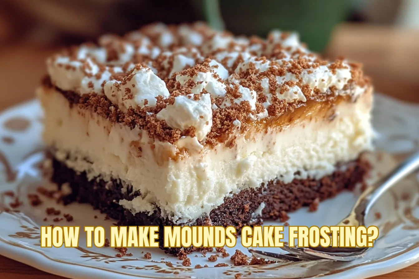 A bowl of creamy Mounds cake frosting with coconut and chocolate, highlighting the process of how to make Mounds cake frosting.