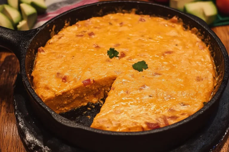 Thick, creamy smoked queso in a cast-iron skillet with chips.