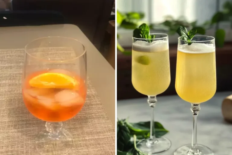 Two cocktails highlighting the difference between a Hugo Spritz and an Aperol Spritz, showcasing their unique colors and garnishes.