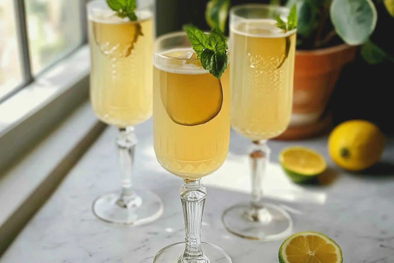 A beautifully garnished Hugo Spritz cocktail featuring Prosecco, elderflower syrup, fresh mint, and lime in a wide wine glass.