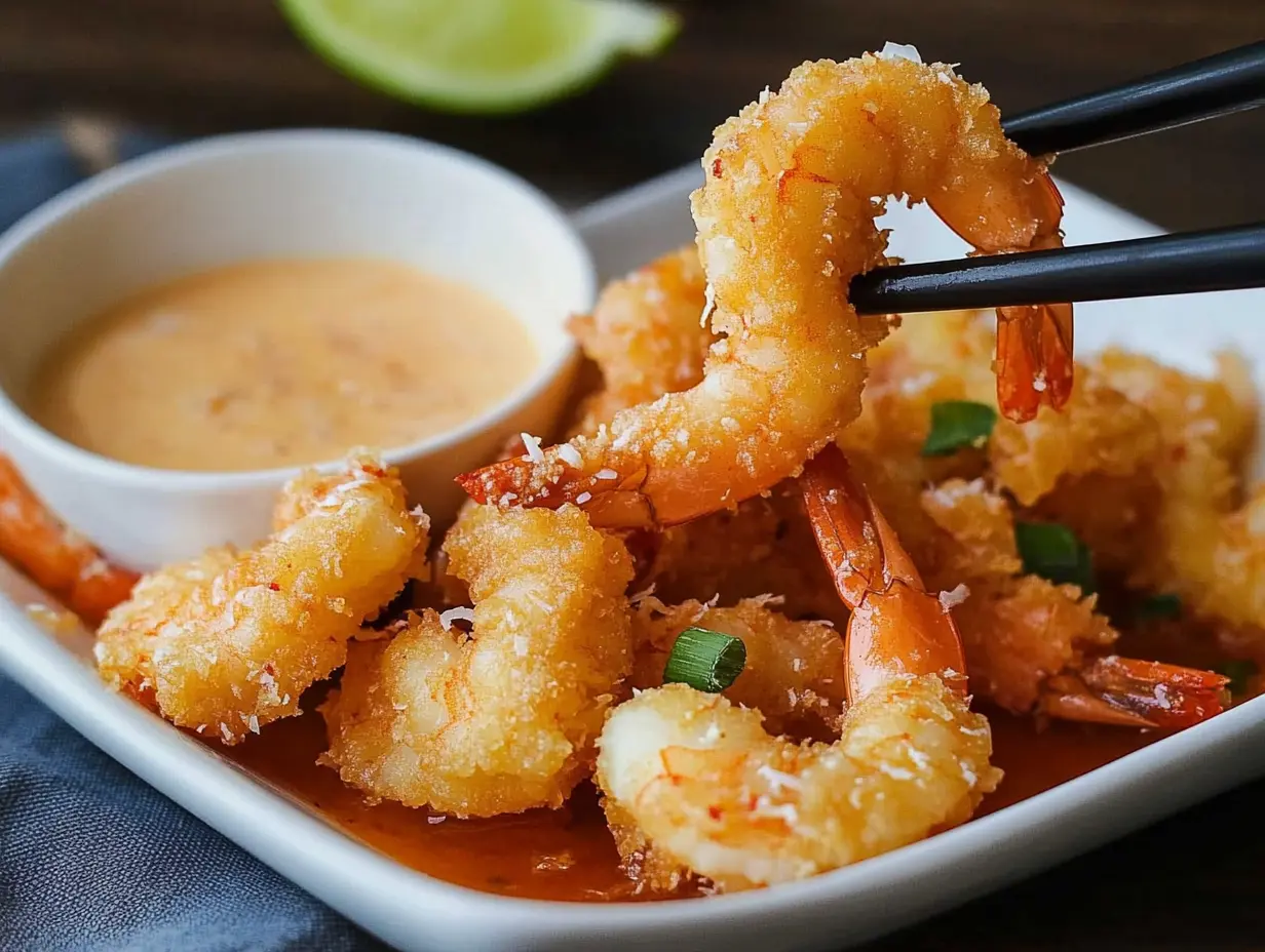 A creamy Chinese coconut shrimp sauce in a bowl with fresh ingredients, including coconut milk, shrimp, garlic, and soy sauce.