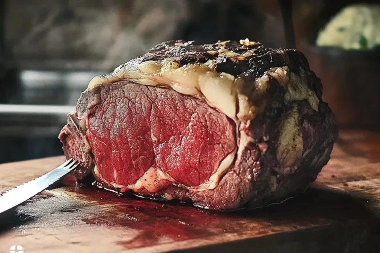 A perfectly cooked boneless prime rib roast sliced to reveal a tender, juicy interior and a crispy, golden crust.