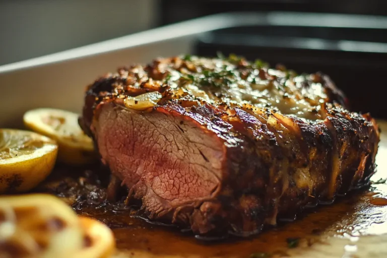 A perfectly cooked boneless rib roast, sliced to reveal tender, juicy beef.