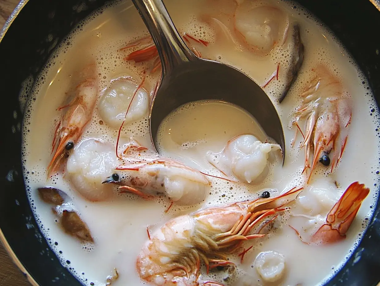 Shrimp soaking in a bowl of milk with spices, preparing for frying.