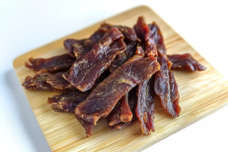 Smoked beef jerky slices on a wooden platter with marinade ingredients.