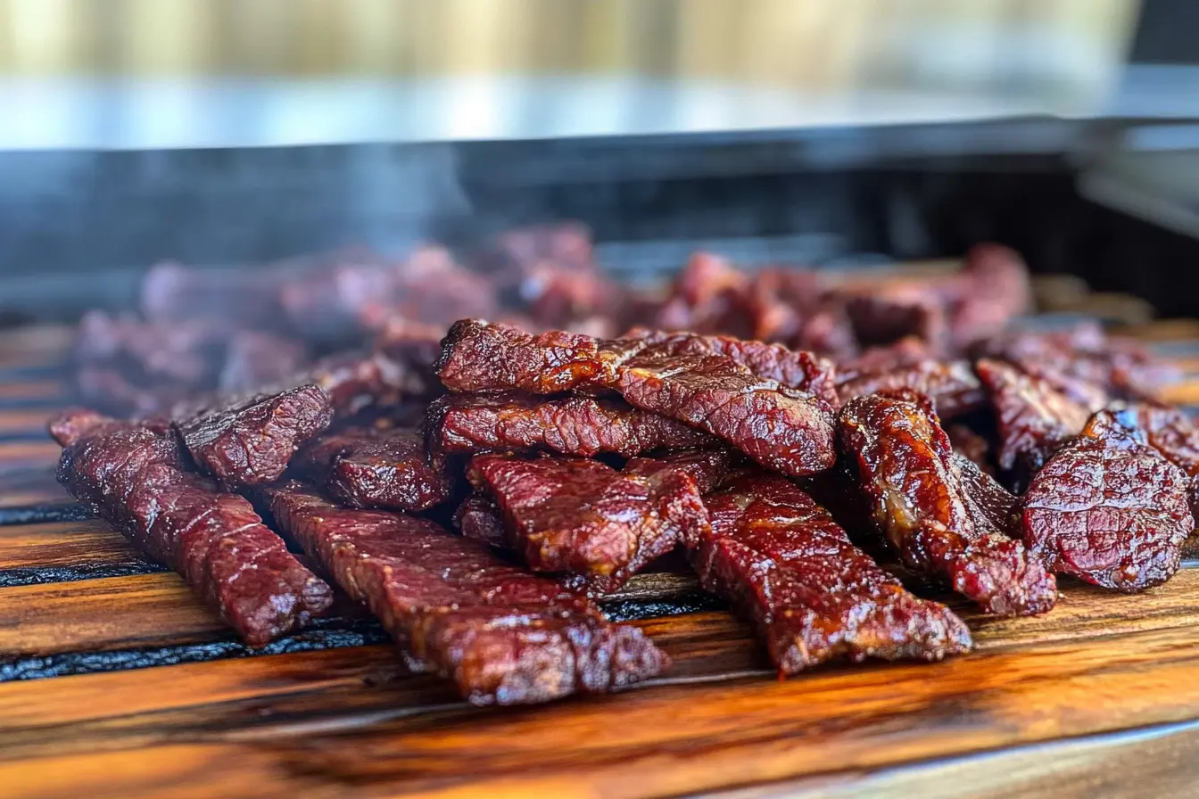 Smoked jerky arranged on a wooden board, highlighting techniques and preparation.