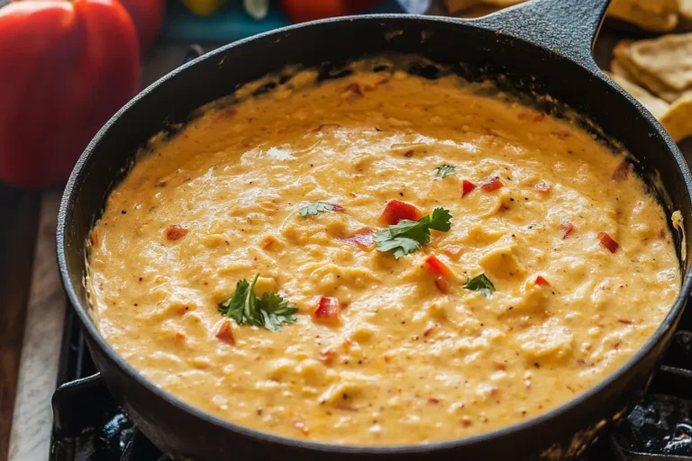 A pan of smoked queso dip with melted cheese, sausage, and jalapeños served with tortilla chips.