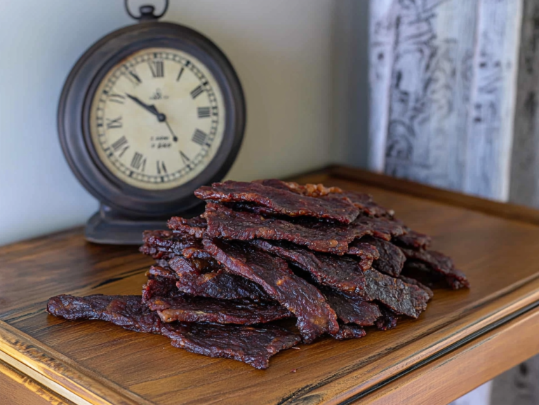 A rack of thinly sliced beef strips smoking in a wood pellet smoker for homemade beef jerky.