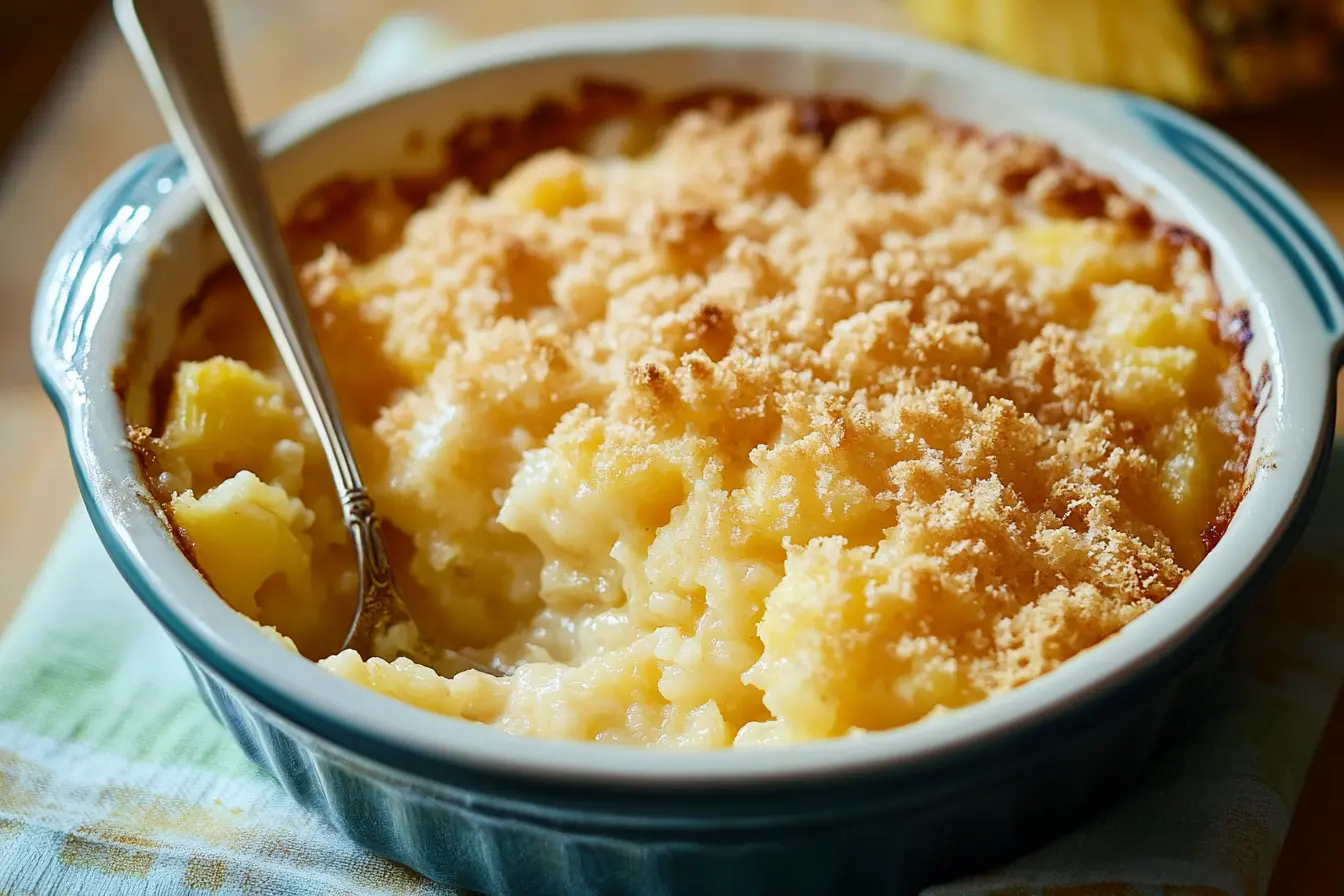 Golden pineapple casserole with a buttery cracker topping and melted cheese, a sweet and savory recipe perfect for dinner.