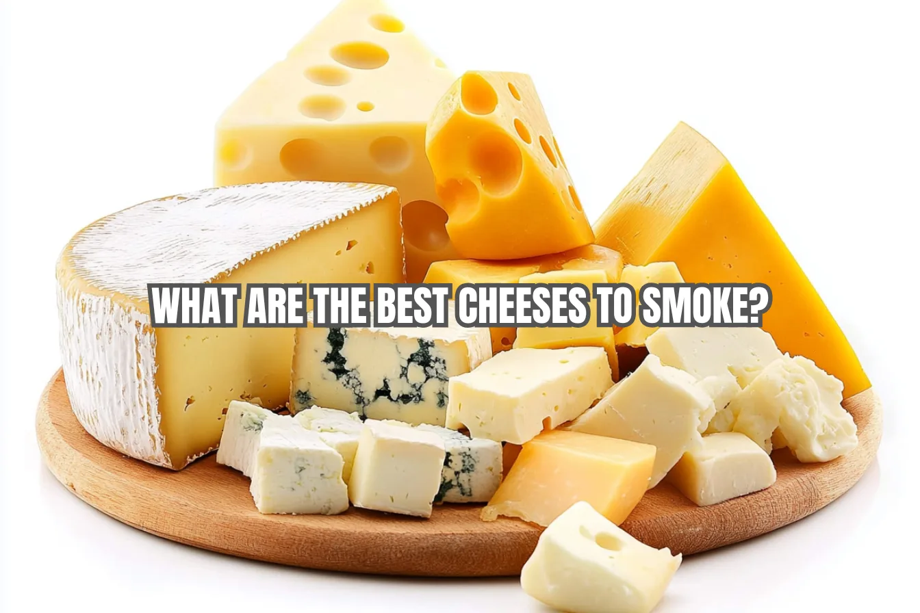 What are the best cheeses to smoke? Selection of smoked cheddar, gouda, and mozzarella on a wooden board.