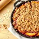 Rustic peach crumble in a ceramic dish with fresh peaches