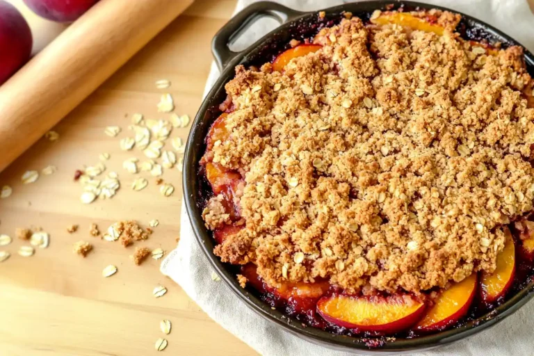 Rustic peach crumble in a ceramic dish with fresh peaches