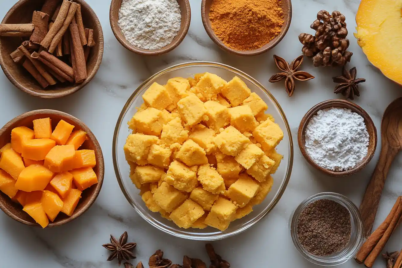 Ingredients for pumpkin dump cake on a countertop