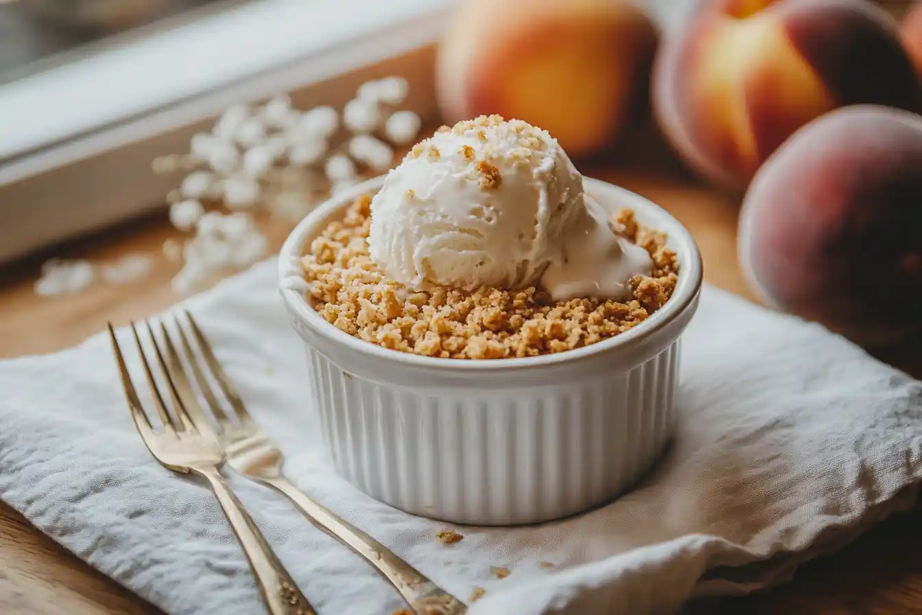 Peach crumble served with vanilla ice cream in a ramekin