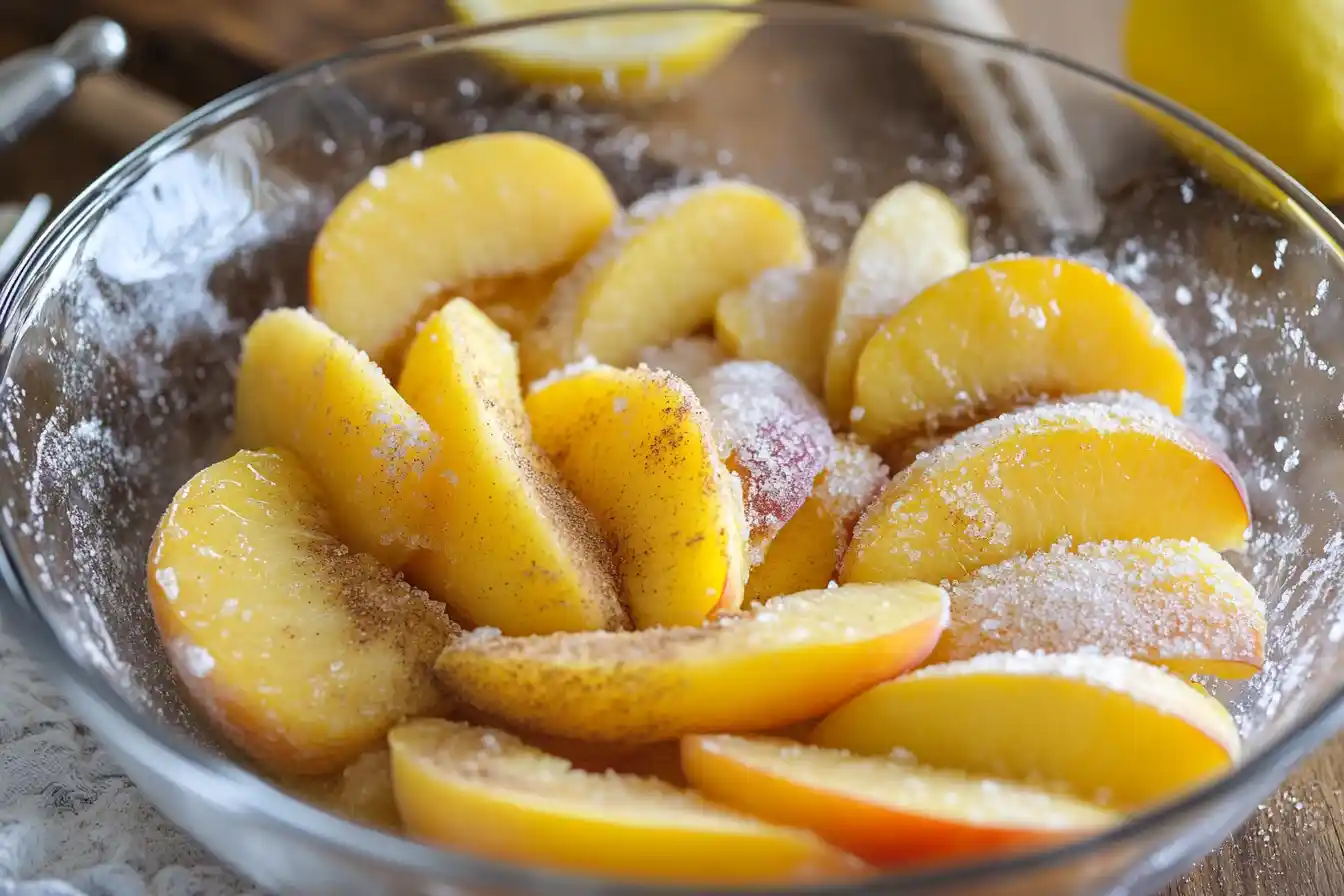 Freshly sliced peaches in a bowl with sugar and cinnamon