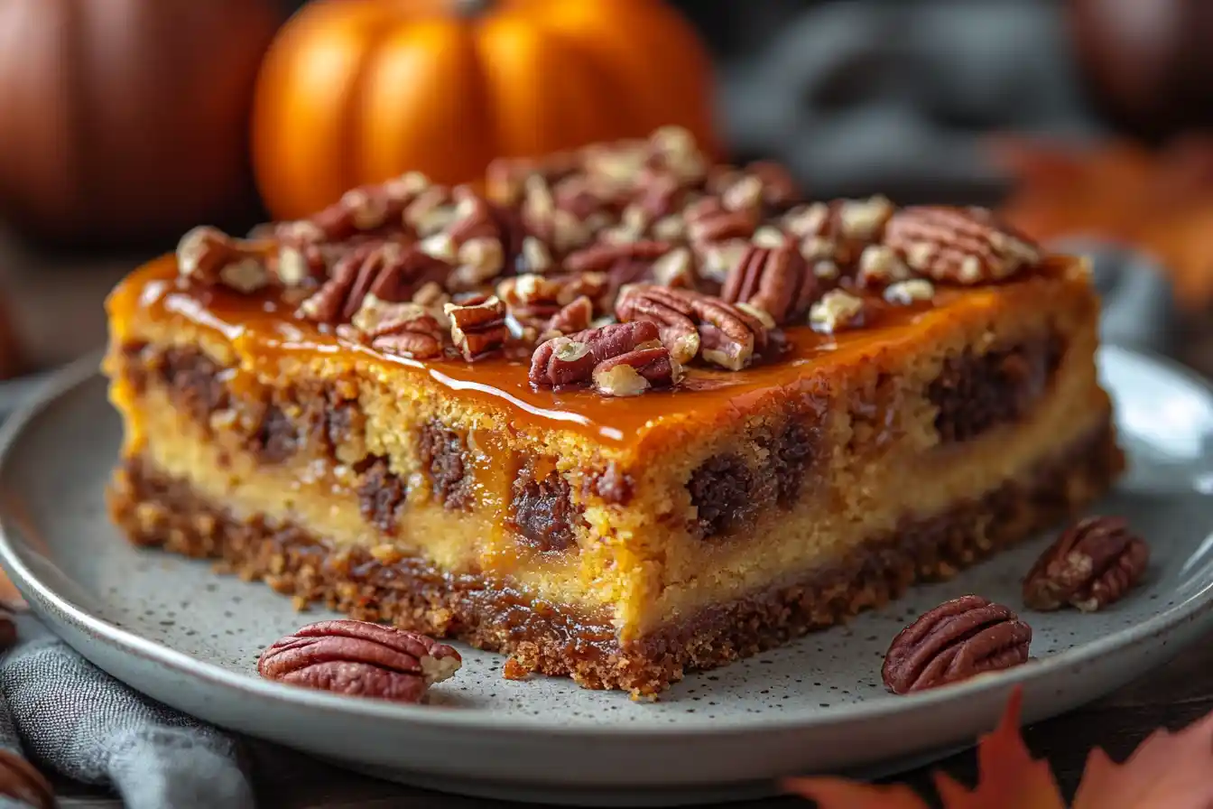 Pumpkin dump cake with caramel drizzle and pecans