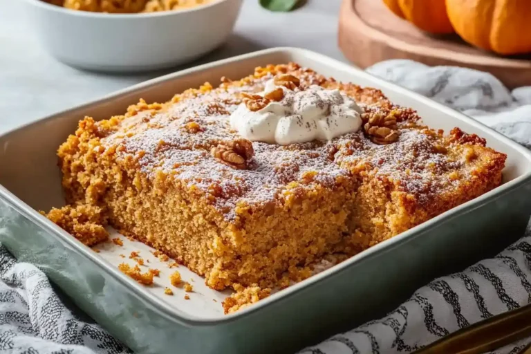 Pumpkin dump cake with whipped cream on a rustic table